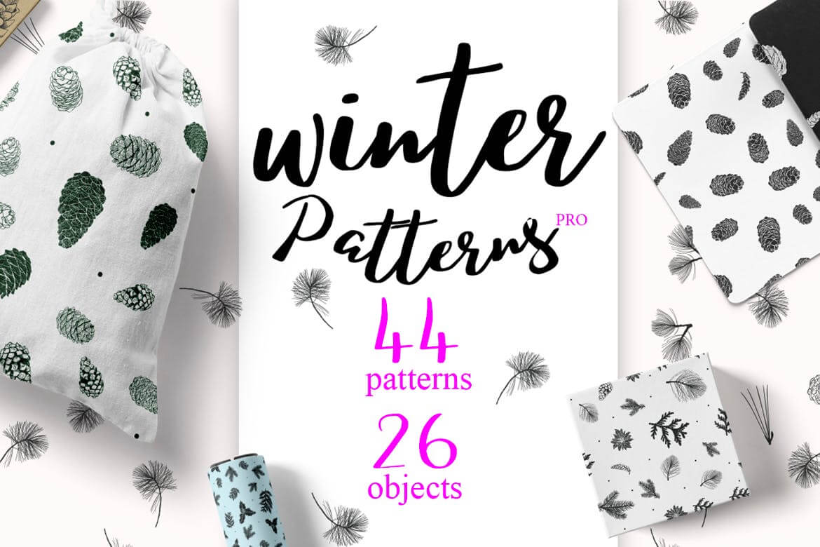 松树/刺柏/落叶创意图案装饰模板下载44 Winter patterns set