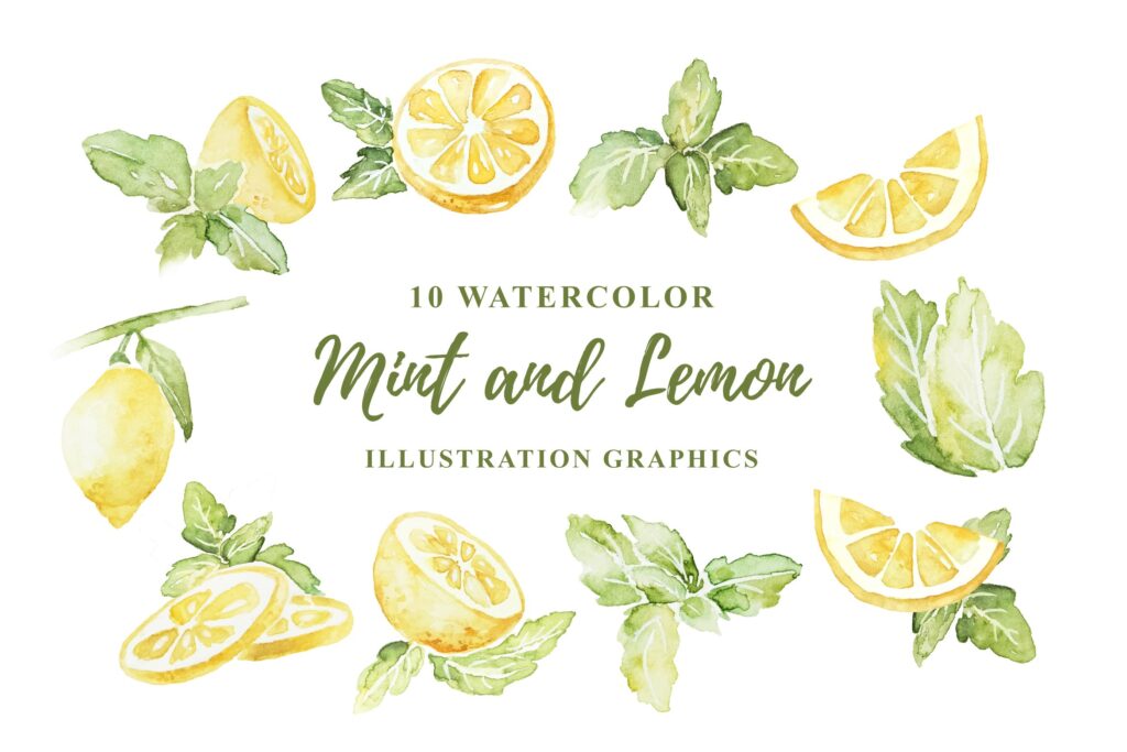 10 个水彩薄荷柠檬插画水彩剪纸及装饰元素10 Watercolor Mint and Lemon Illustration Graphics