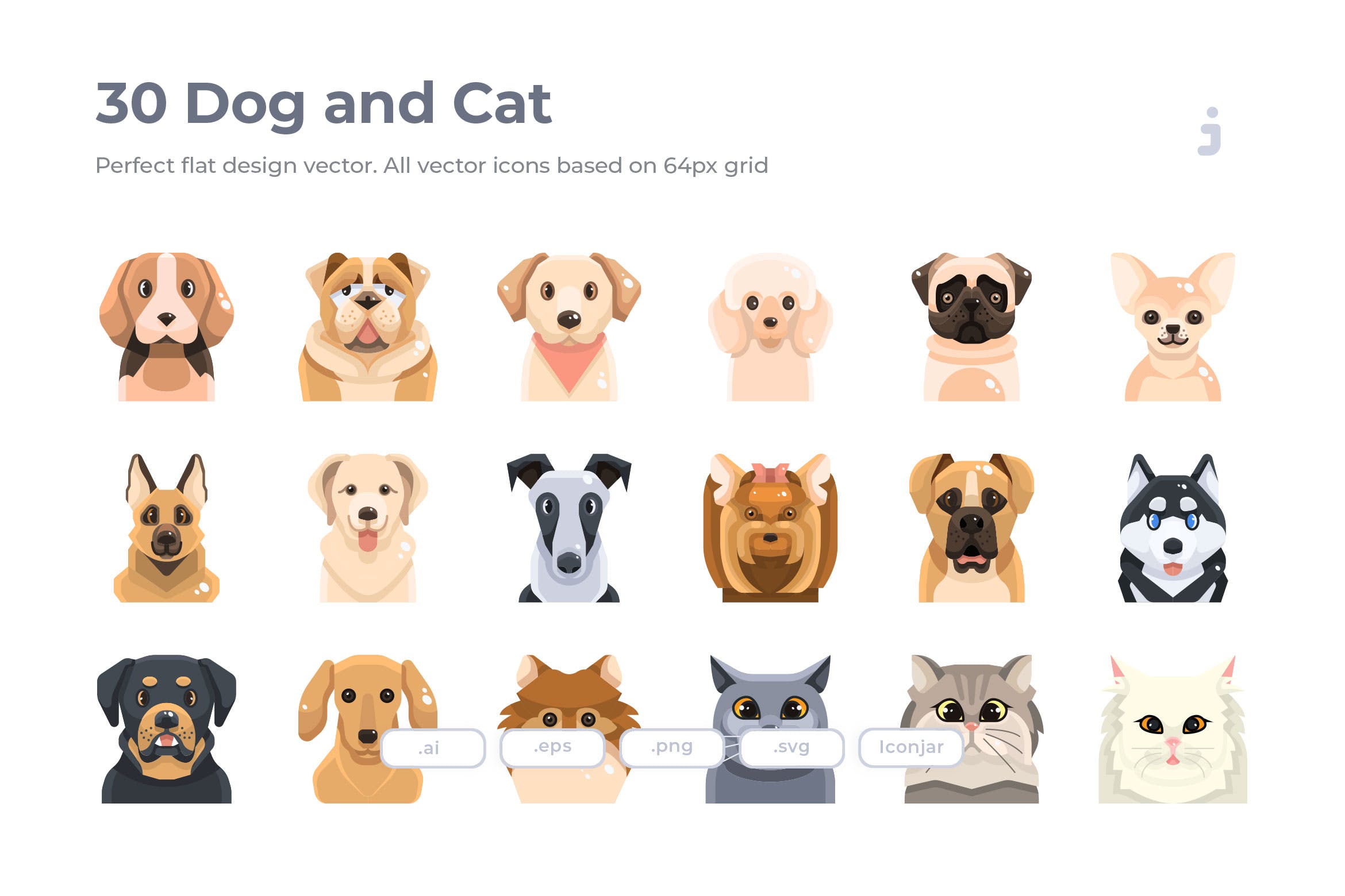  30个扁平化狗和猫图标源文件下载30 Dog and Cat Icons Flat