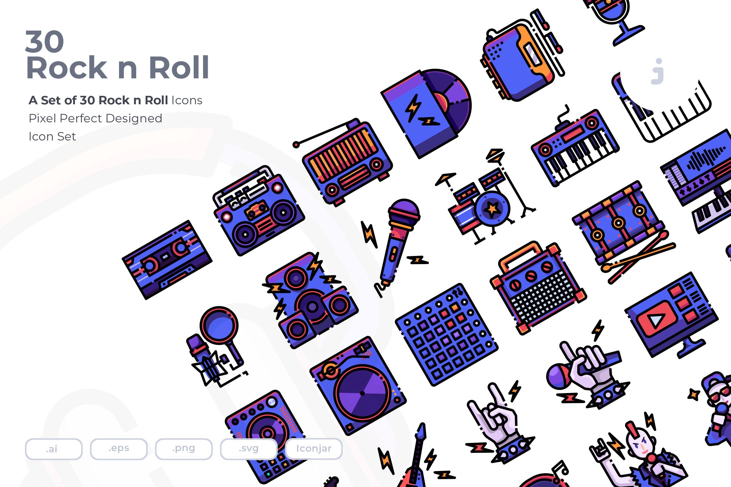 30个摇滚偶像音乐系列描边风图标源文件下载30 Rock n Roll Icons