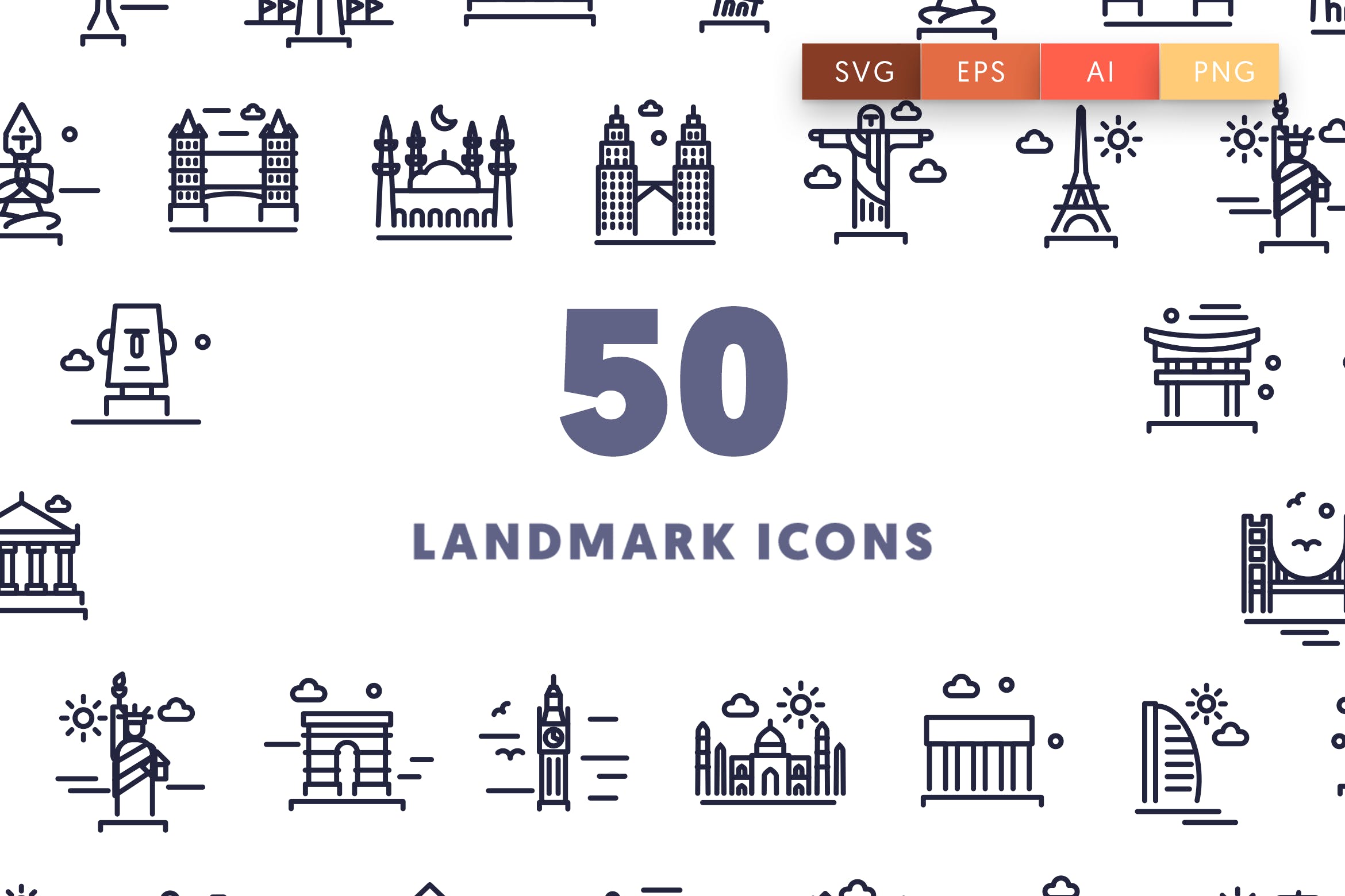 50个地标线性图标建筑图标源文件下载50 Landmark Outline Icons