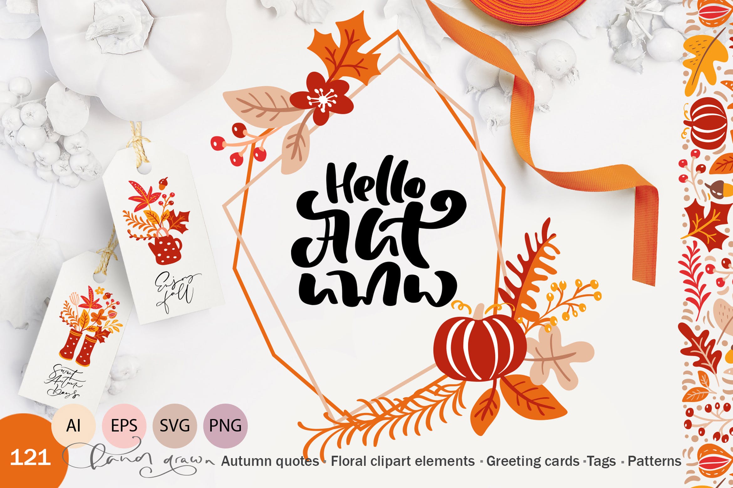 矢量书法和花卉元素图案花纹素材Autumn vector calligraphy floral elements
