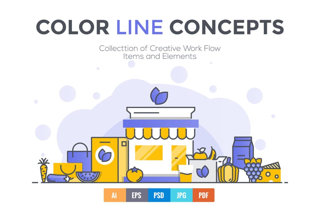 45个彩色描边风创意场景插图Big collection of Flat Line Color Concepts