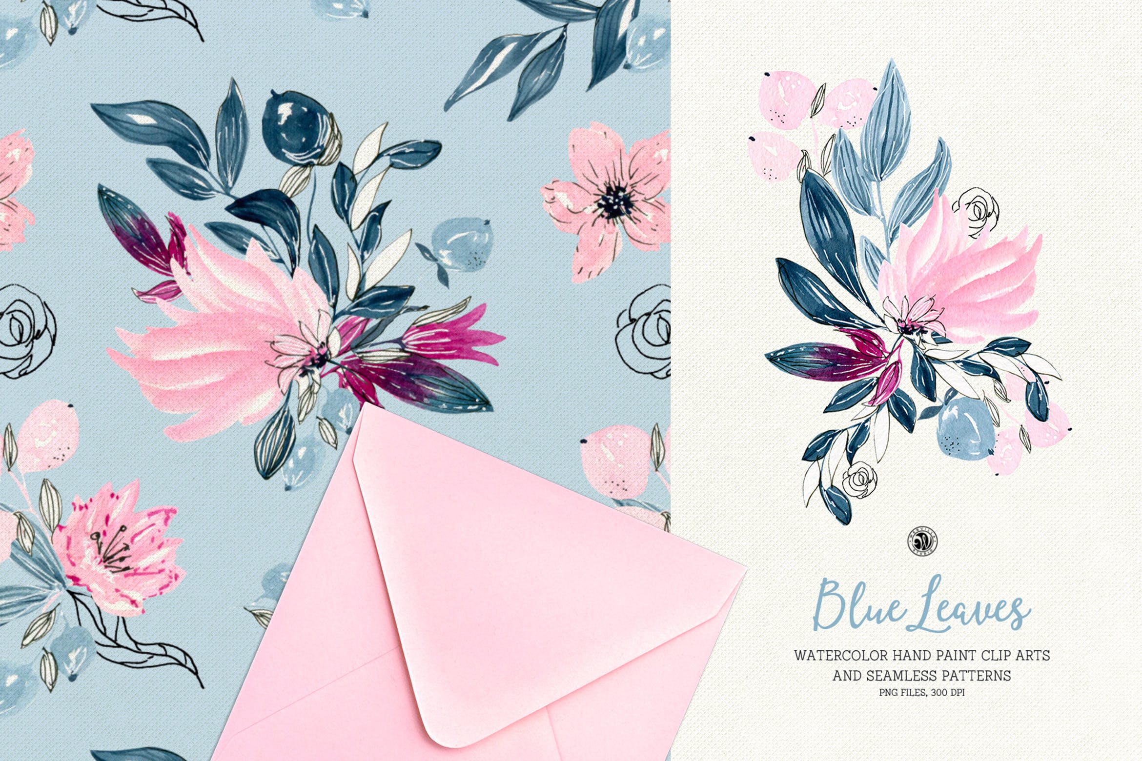 精致优雅水彩花卉图案纹理素材Blue Leaves