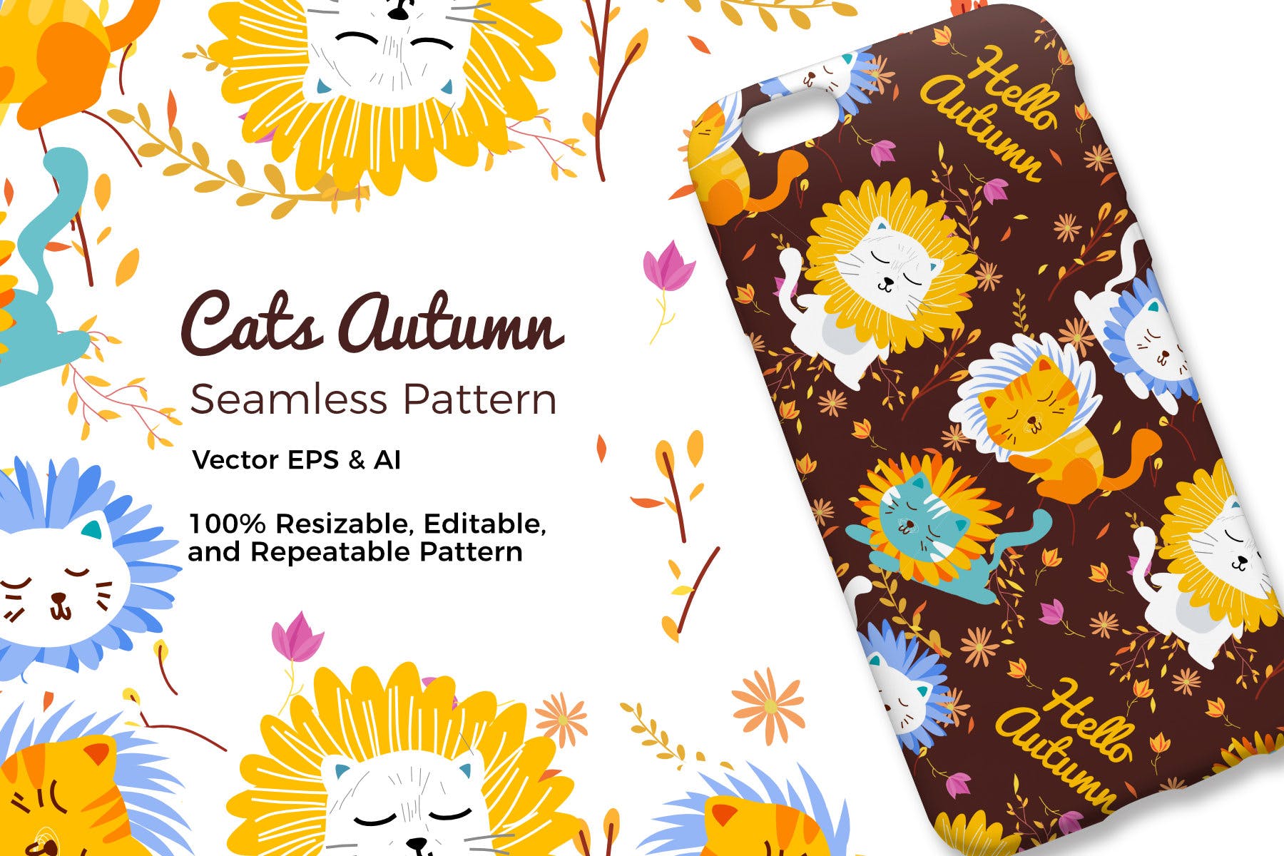 可爱创意猫手机壳创意图案花纹素材Cats Autumn Pattern