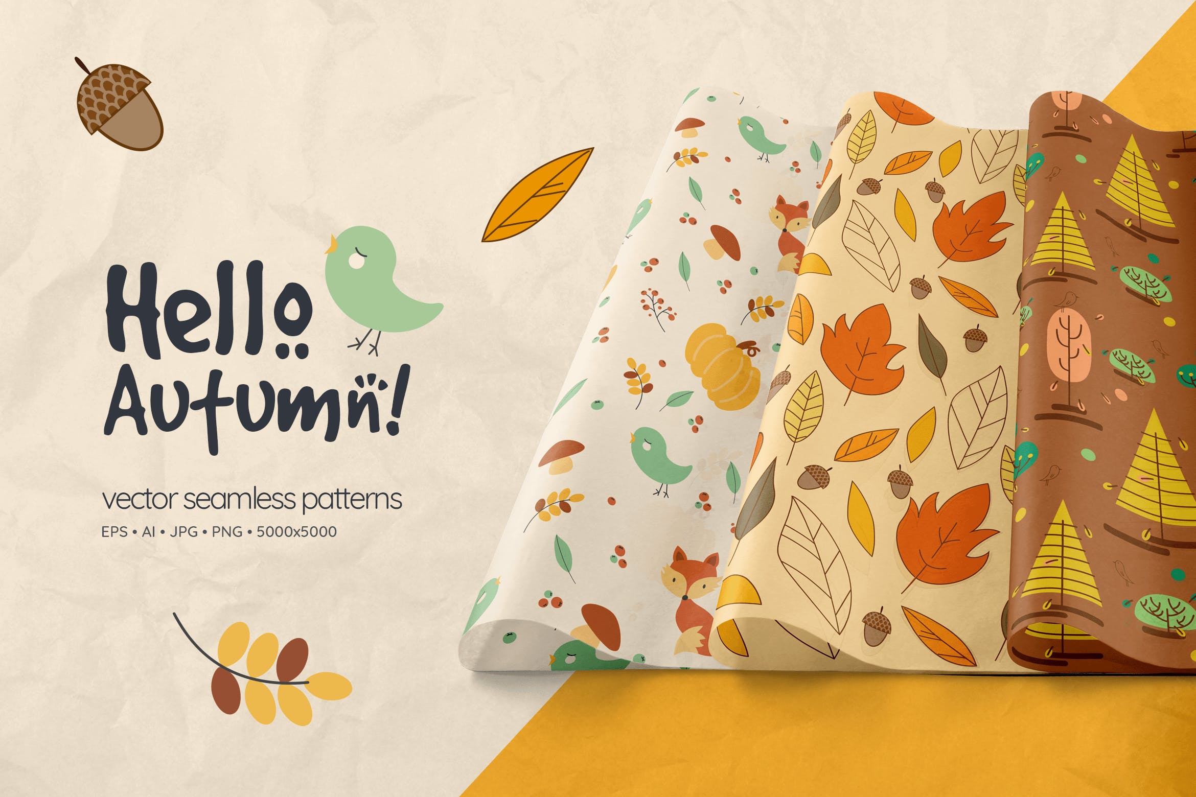 秋季叶子森林系纹理图案素材模板Hello Autumn Seamless Patterns