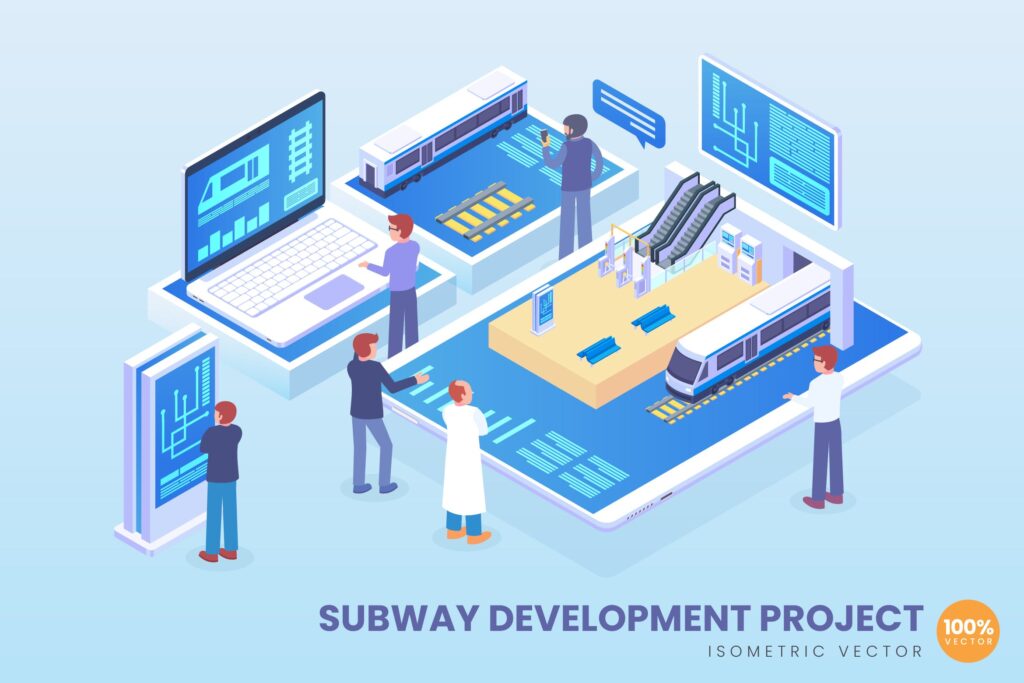 2.5D地铁运营场景创意插画素材下载Isometric Subway Development Project Vector