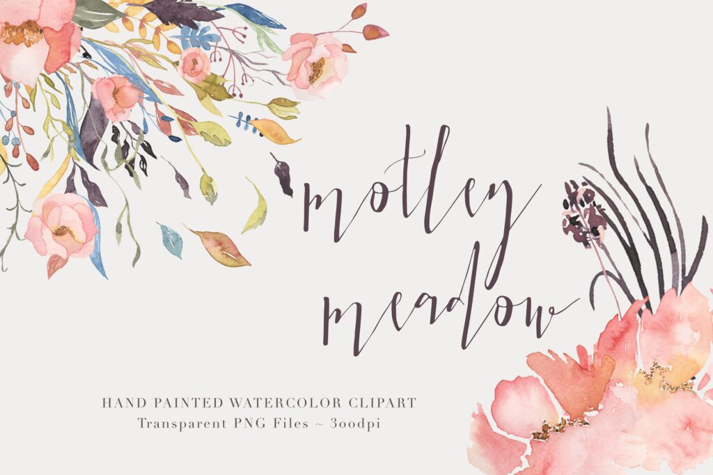 50个独特手绘花卉/叶子图案创意组合Motley Meadow Watercolor Floral Clipart Set