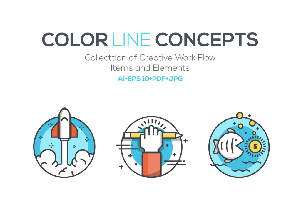 学习计算类描边风场景插画素材Set of Flat Color Line Concepts Djd9xp