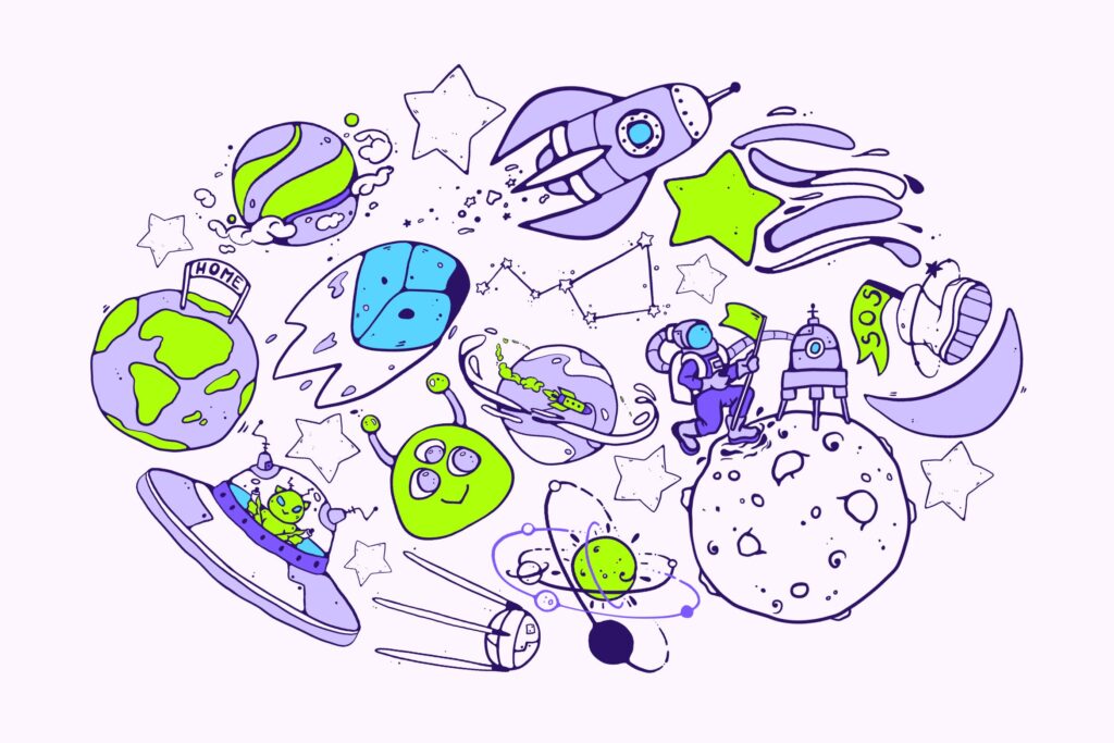 太空竞赛涂鸦组合装饰图案素材Space Race Doodles