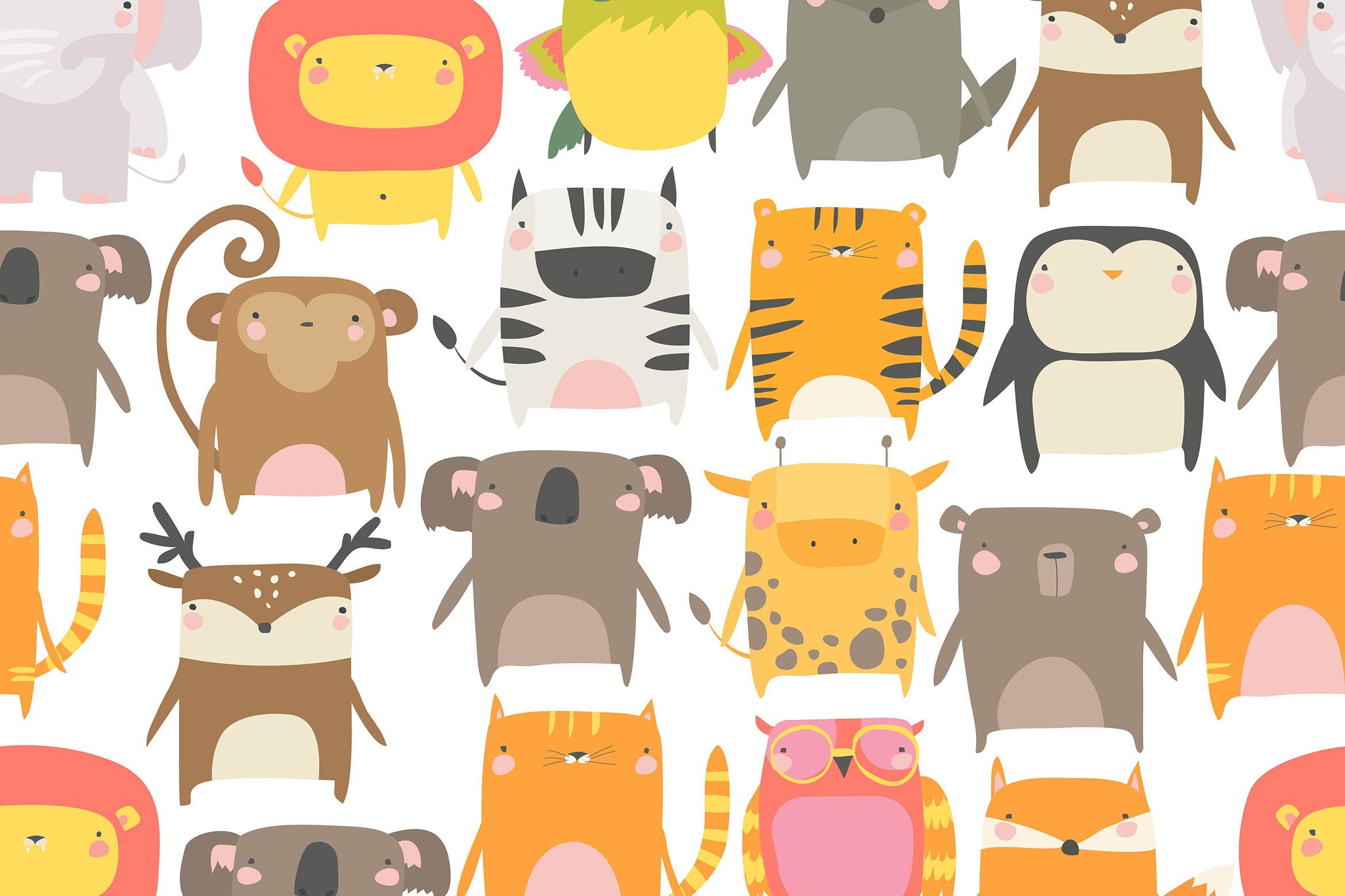 Vector seamless pattern with cute animals on white