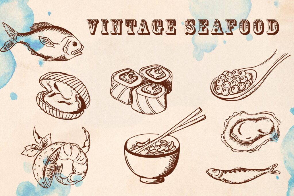 手绘矢量海鲜在复古风格Vintage Seafood