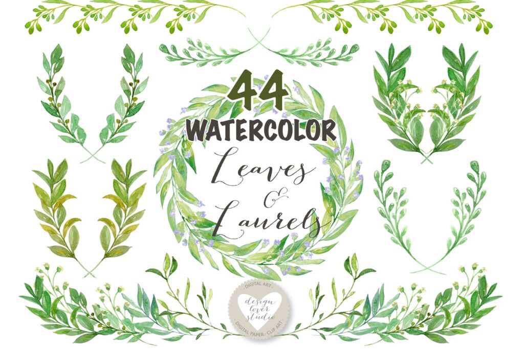 绿植花环婚礼邀请函装饰图案Watercolor Leaves Laurel and Wreath clip art