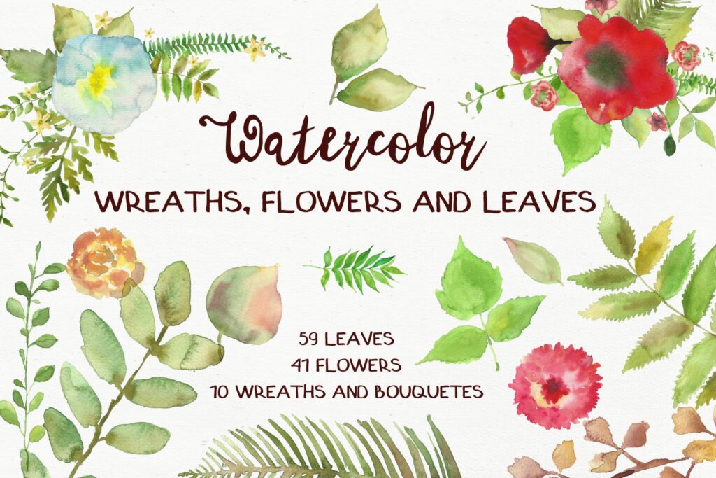 水彩花朵树叶和花环主题元素装饰图案Watercolor Wreathes and Bouquets