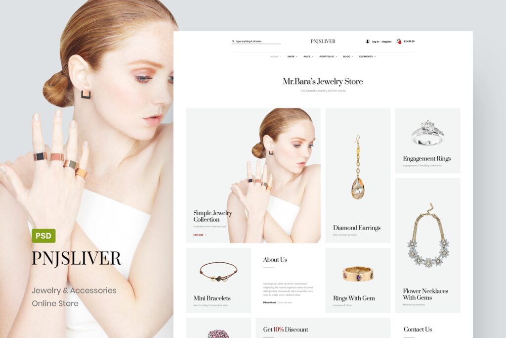 奢侈品珠宝钻石首饰模版网站模版PNJ Sliver Jewelry Store Online PSD Template插图