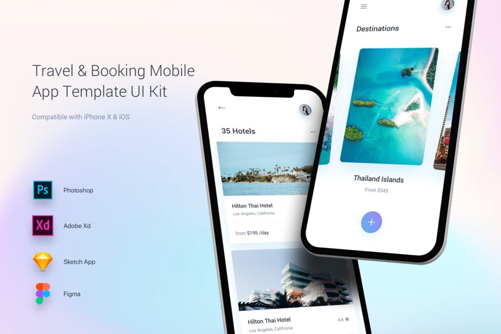 旅游和预订酒店类应用程序模板素材Travel Booking Mobile App Template UI Kit