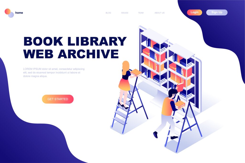 扁平化设计理念的图书图书馆设计插图素材模版下载Book Library Isometric Landing Page Template