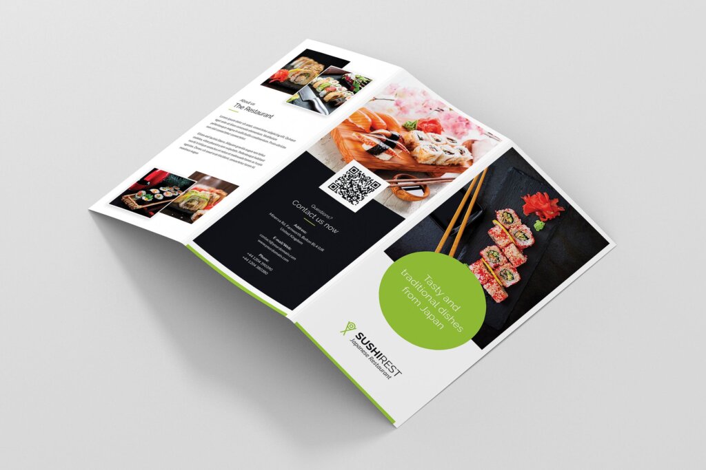 日本寿司店海鲜印刷品三折页模版素材下载Brochure Sushi Restaurant Tri Fold