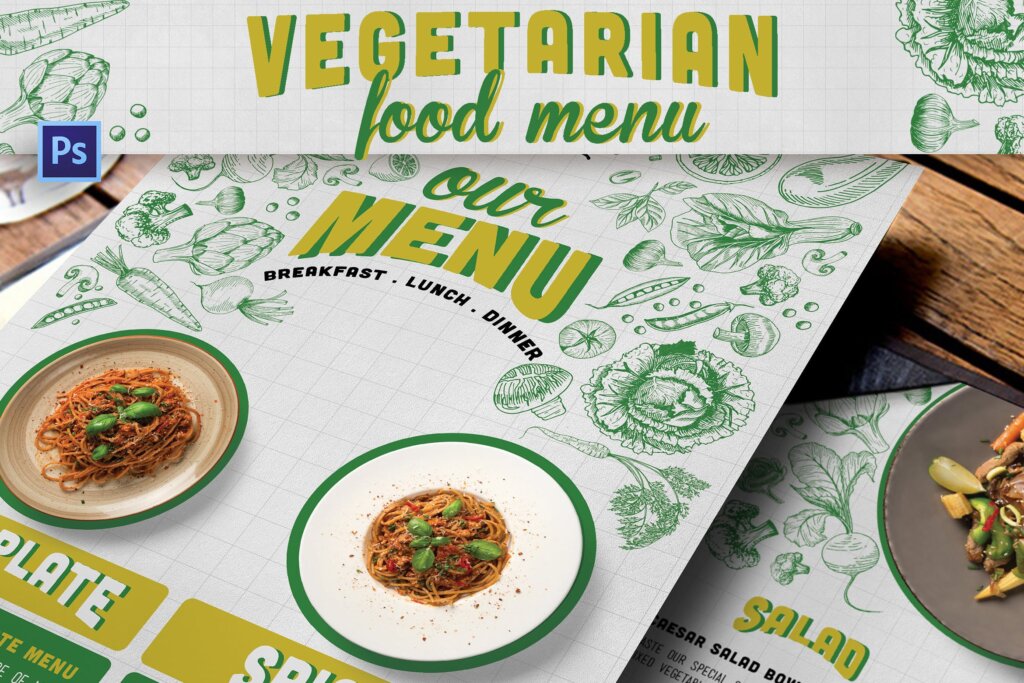绿色有机蔬菜餐饮菜单印刷品模版素材下载Vegetarian Food Menu